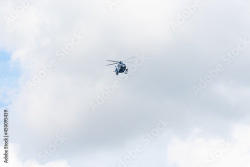 A German police helicopter in flight during an operation in the state of Baden-Wurttemberg.