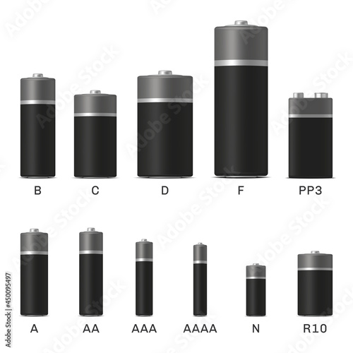 Set of realistic batteries. Battery types. Sizes A, AA, AAA, AAAA, N, R10, B, C, D, F, PP3. Vector illustration. photo