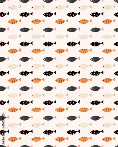 Pattern with fish on a beige background. Vector illustration. Sea, wallpaper, print.