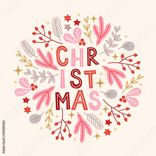 Christmas greeting card with berries, mistletoe, stars, leaves, fir branch