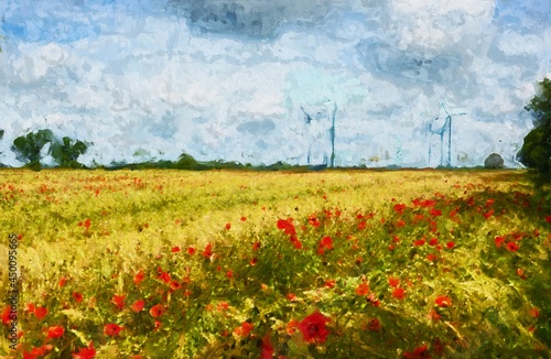 Tableau sur toile Acryl painting of poppy field in summer time