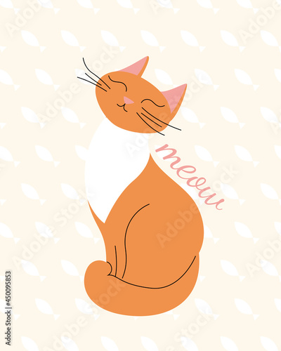 Ginger cat kicks and meows on a beige background with fish. Vector illustration. Animals, wallpaper, print.
