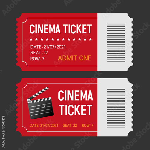 Cinema tickets. Set of tickets to the cinema. Movie  ticket template with clapperboard and the inscription "Cinema Ticket" and details. Vector illustration.