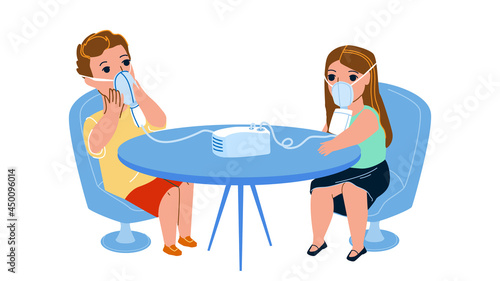 Nebulizer Mask Using Children In Clinic Vector. Little Boy And Girl Kids Use Nebulizer Mask, Taking Breath And Being Treated. Characters Healthcare Therapy In Hospital Flat Cartoon Illustration