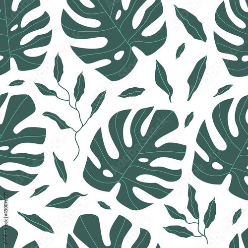 Monstera seamless pattern. Green leaves of monstera on a white background. Vector flat pattern.