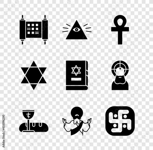 Set Decree, paper, parchment, scroll, Masons, Cross ankh, First communion symbols, Jesus Christ, Jainism, Star of David and Jewish torah book icon. Vector