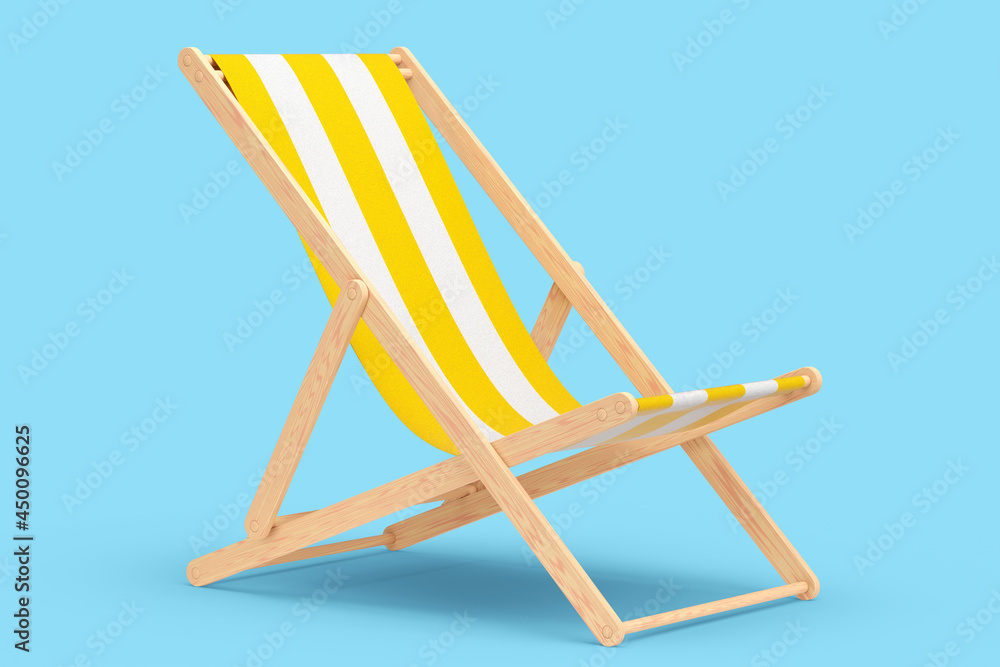Yellow striped beach chair for summer getaways isolated on blue background.
