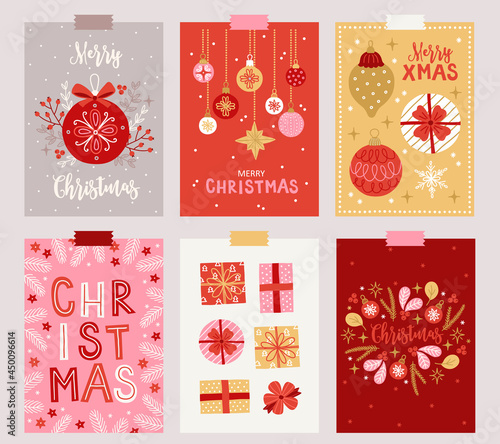 Six Christmas greeting cards with ball, leaves, mistletoe, berry, star