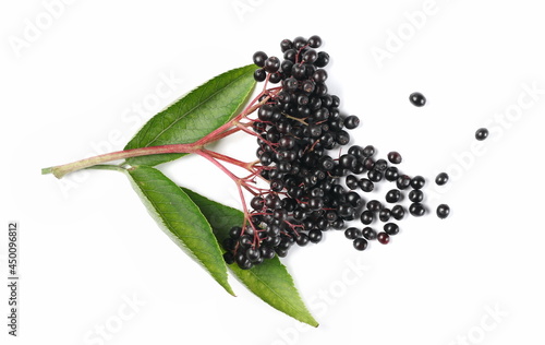 Elderberries, elder berries pile with green leaf, isolated on white background, top view 
