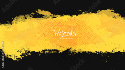 Black and yellow abstract background with brushstroke and halftone style.	
