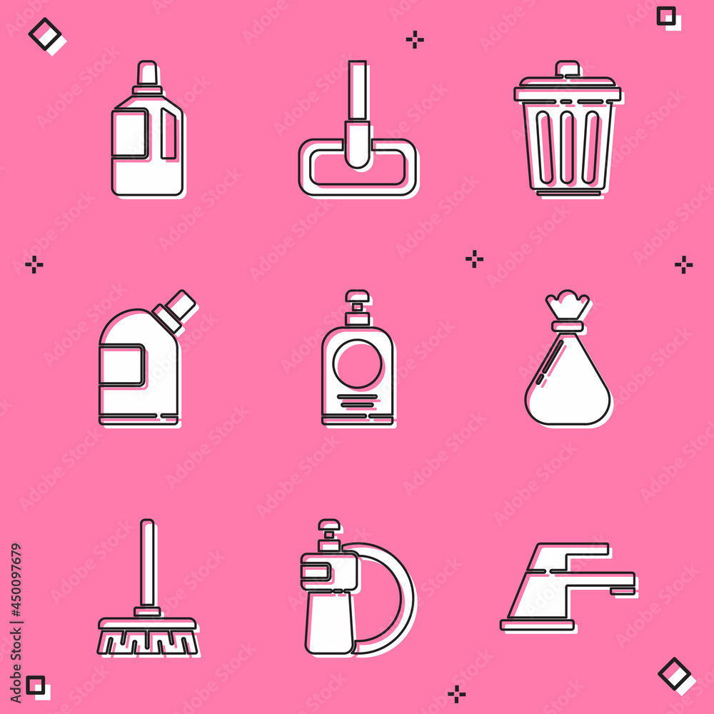 Set Fabric softener, Mop, Trash can, Bottles for cleaning agent, Hand sanitizer bottle, Garbage bag, Handle broom and Dishwashing liquid plate icon. Vector Set Fabric softener, Mop, Trash can, Bottles for cleaning agent, Hand sanitizer bottle, Garbage bag, Handle broom and Dishwashing liquid plate icon. Vector