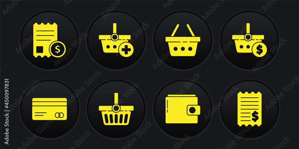 Set Credit card, Shopping basket and dollar, Wallet, Add to, Paper check financial check and icon. Vector Set Credit card, Shopping basket and dollar, Wallet, Add to, Paper check financial check and icon. Vector