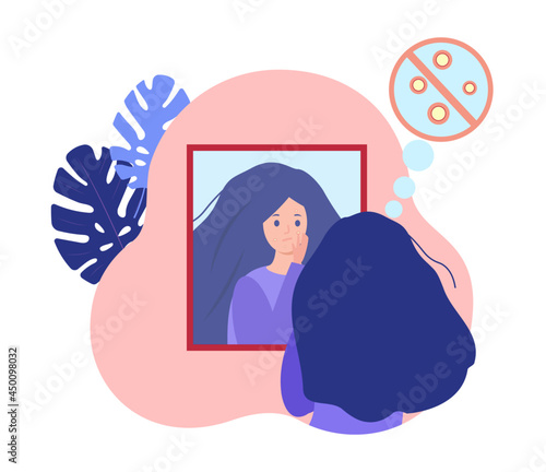 Young woman with zits or acne problem near mirror, vector illustration, Skin problems and dermatology concept.