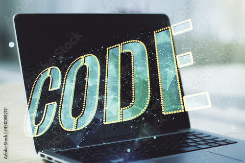 Creative Code word sign on modern computer background, international software development concept. Multiexposure photo