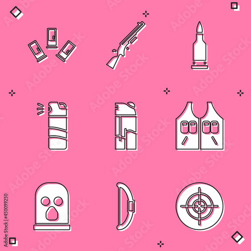 Set Cartridges, Shotgun, Bullet, Pepper spray, Lighter, Hunting jacket, Balaclava and Bow icon. Vector