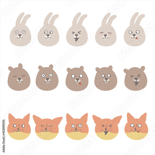 Fototapeta Naklejka Na Ścianę i Meble -  Set of cute faces hare, bear and fox in different emotions: surprised, funny, laughing, interested, sleeping. Character design in scandinavian style