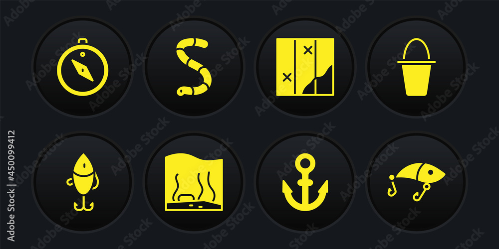 Set Fishing lure, bucket, Aquarium, Anchor, Folded map, Worm, and Compass icon. Vector Set Fishing lure, bucket, Aquarium, Anchor, Folded map, Worm, and Compass icon. Vector