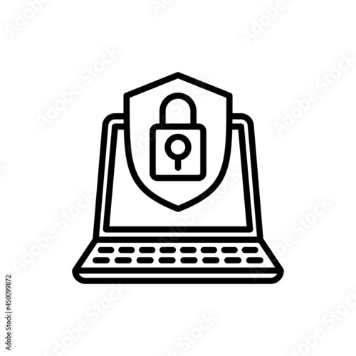 Cyber security, open laptop with shield thin line icon. Modern vector illustration.