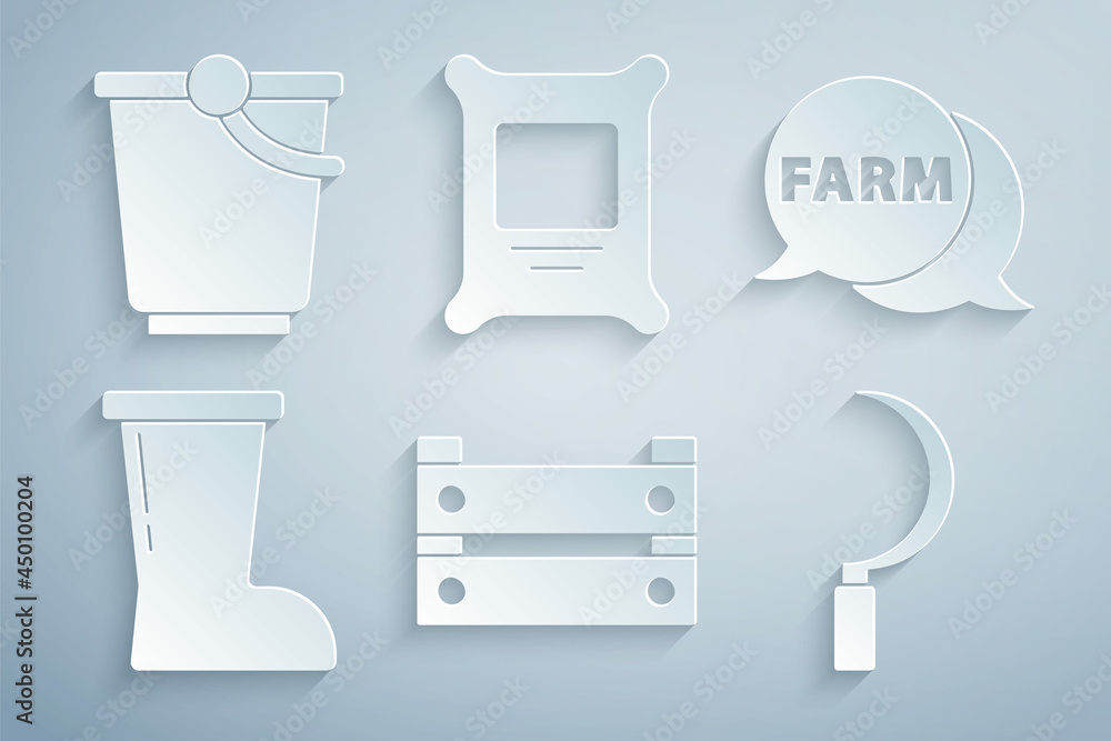 Set Wooden box, Speech bubble with Farm, Waterproof rubber boot, Sickle, Fertilizer bag and Bucket icon. Vector