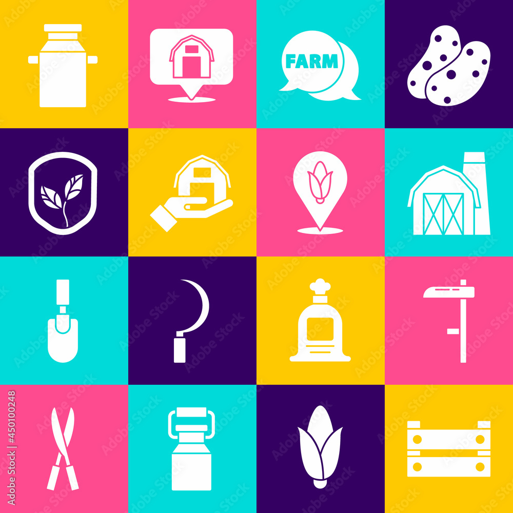 Set Wooden box, Scythe, Farm house, Speech bubble with, in hand, Shield leaf, Can container for milk and Location corn icon. Vector Set Wooden box, Scythe, Farm house, Speech bubble with, in hand, Shield leaf, Can container for milk and Location corn icon. Vector
