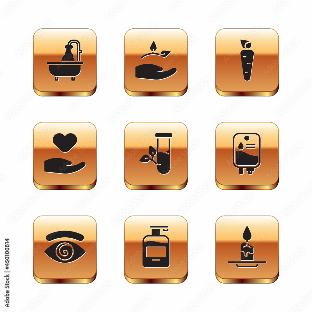 Set Bathtub, Hypnosis, Bottle of liquid soap, Laboratory glass and leaves, Heart in hand, Carrot, Aroma candle and Leaf icon. Vector Set Bathtub, Hypnosis, Bottle of liquid soap, Laboratory glass and leaves, Heart in hand, Carrot, Aroma candle and Leaf icon. Vector