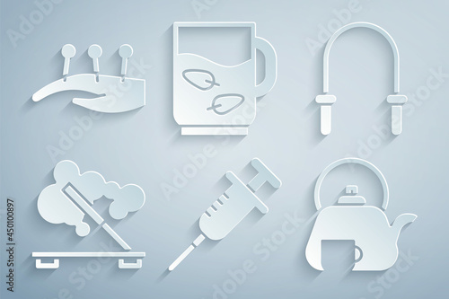 Set Syringe, Jump rope, Scented spa stick, Teapot with cup, Cup of tea and leaf and Acupuncture therapy icon. Vector