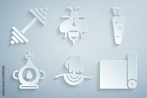 Set Massage, Carrot, Oil bottle, Fitness mat roll, Bee and Dumbbell icon. Vector