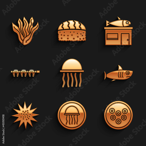 Set Jellyfish, on a plate, Caviar, Shark, Sea urchin, Grilled steak, Seafood store and Seaweed icon. Vector © vector_v