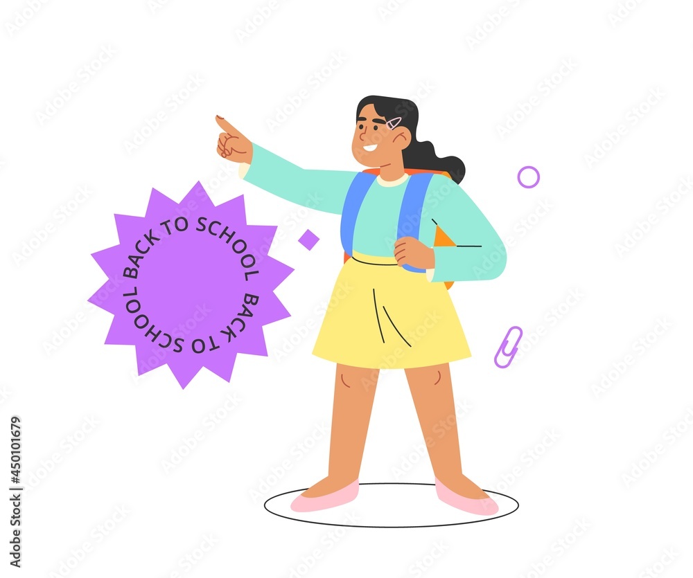 Fototapeta premium Concept of back to school. Colored flat vector illustration with happy child. Template, banner or flayr for design.