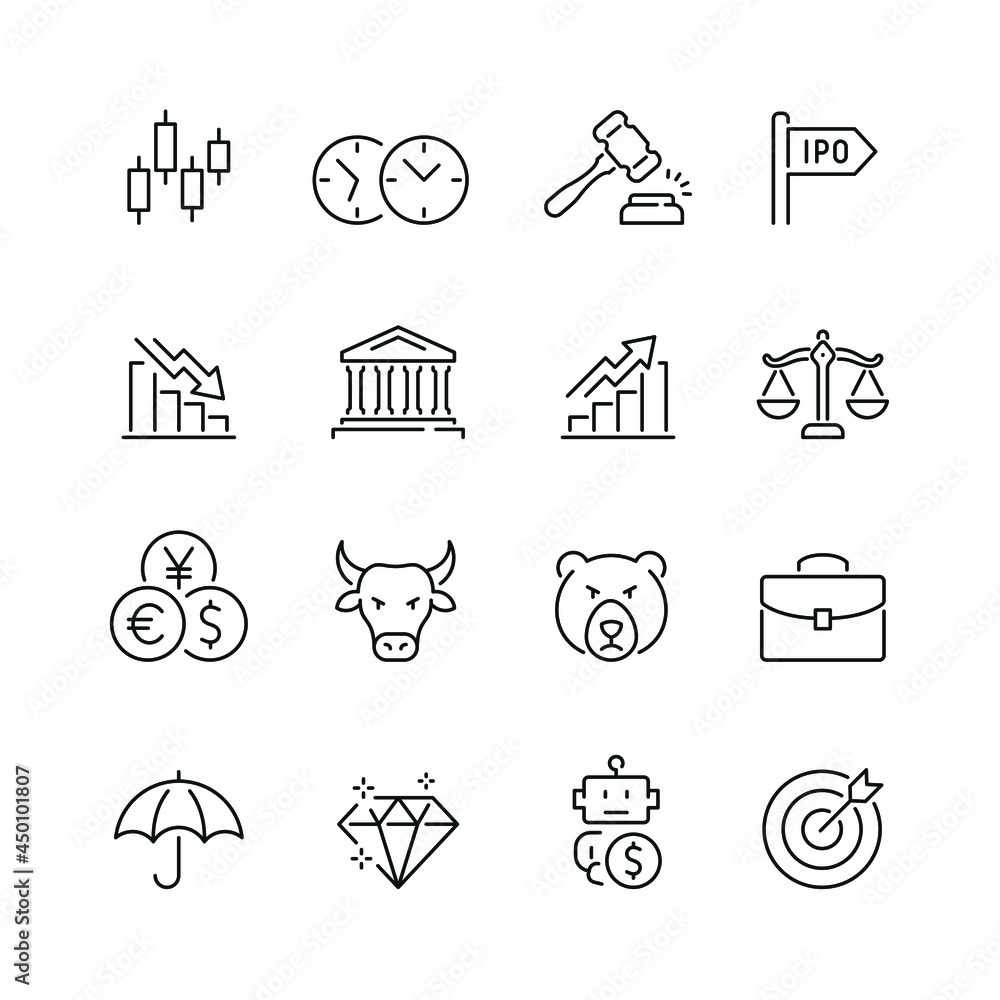 Stock market related icons: thin vector icon set, black and white kit ...