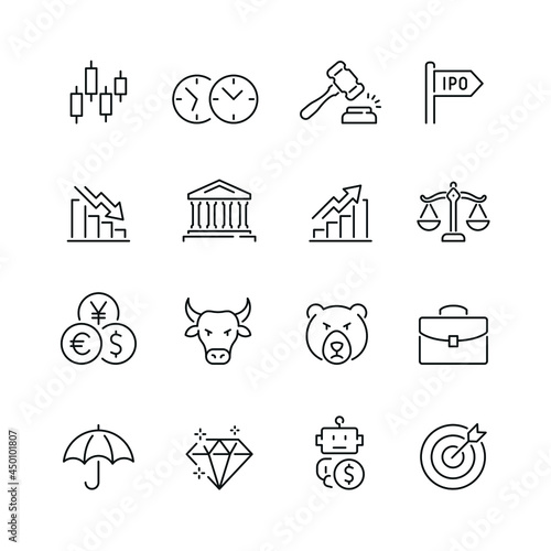 Stock market related icons: thin vector icon set, black and white kit