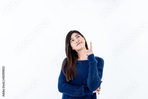 Portrait images of Asian attractive woman showing signs of thought On white background, to people and advertising concept.
