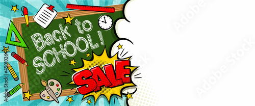 Back to School Sale Comic banner in popart style with an empty field for text. Explosion and school items on a bright ray background. Blank for an advertising offer or poster. Vector template.