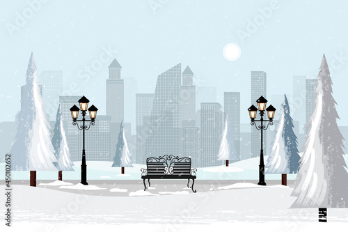 Winter city park with modern building and snow falling,Vector cartoon Winter background with park landscape at Christmas night with street lamp and metal bench.Greeting card for New year and Christmas