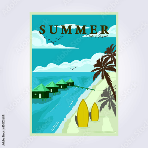 summer surfing beach vintage poster classic national park vector illustration design villa resort beach poster