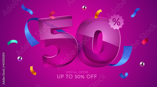 50 percent Off. Discount creative composition. 3d mega sale symbol with decorative objects. Sale banner and poster.