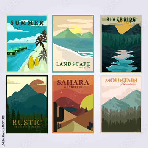 set bundle national park tourism vintage poster classic vector illustration design travel adventure outdoor mountain river rafting surf beach ocean resort