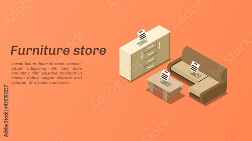 Vector isometric illustration of a furniture store. Horizontal banner with advertising. Sofa, table, cabinet with shelves.