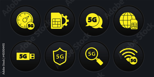 Set 5G modem, Globe Sim Card, Protective shield, Search network, card setting, and Digital speed meter icon. Vector
