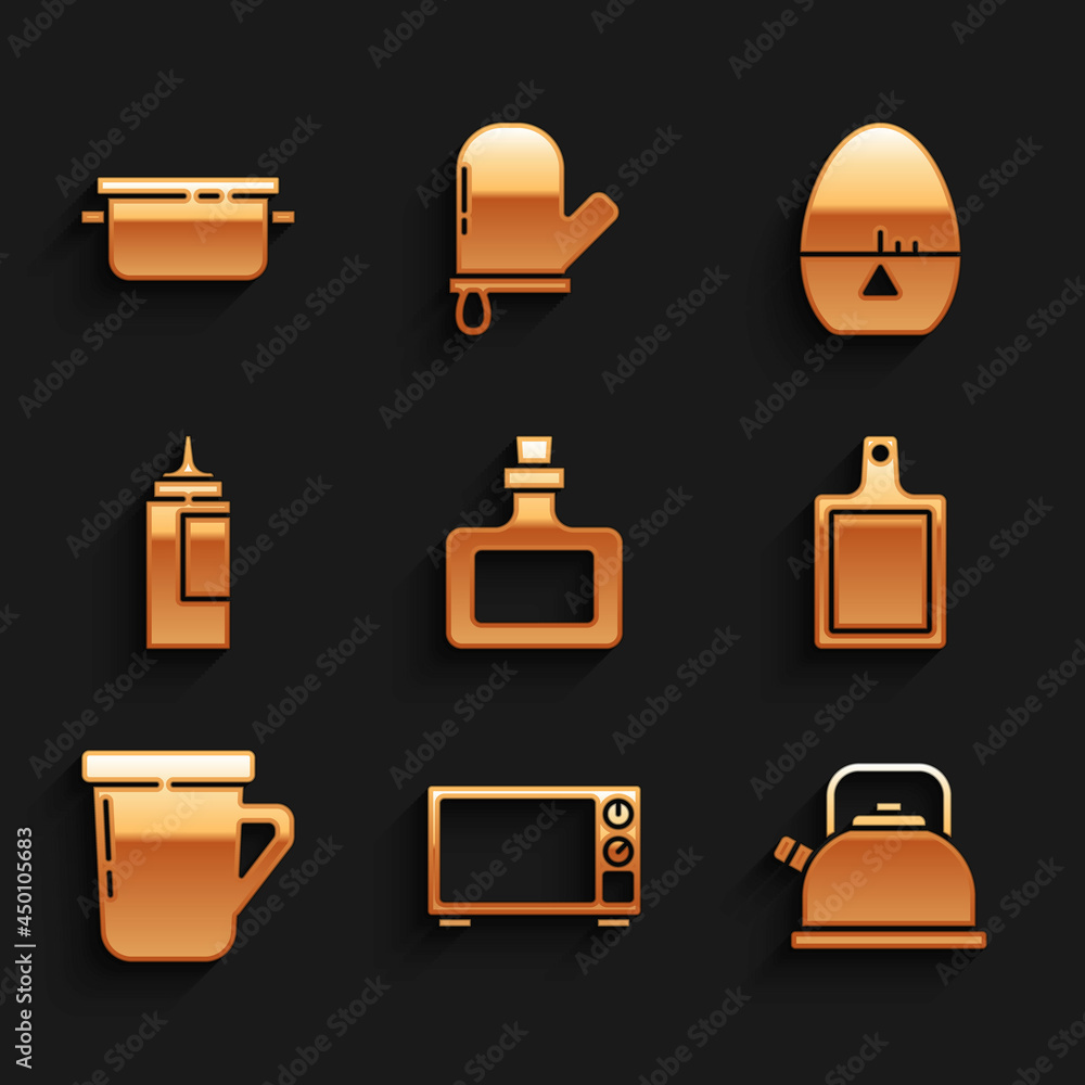 Set Sauce bottle, Microwave oven, Kettle with handle, Cutting board, Coffee cup, Kitchen timer and Cooking pot icon. Vector Set Sauce bottle, Microwave oven, Kettle with handle, Cutting board, Coffee cup, Kitchen timer and Cooking pot icon. Vector