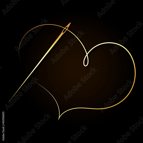 Needle and thread in the shape of a golden heart, symbol for cutting and sewing