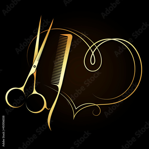 Gold scissors, comb and heart. Symbol for beauty salon and hairdresser