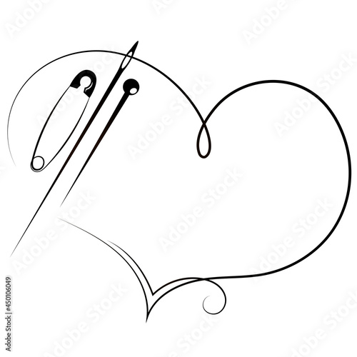 Thread in the shape of a heart and needle. Design for sewing and tailor