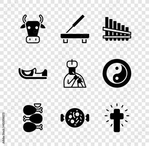 Set Cow, Scented spa stick, Pan flute, Tandoori chicken, Chicken tikka masala, Christian cross, Indian shoes and man plays icon. Vector