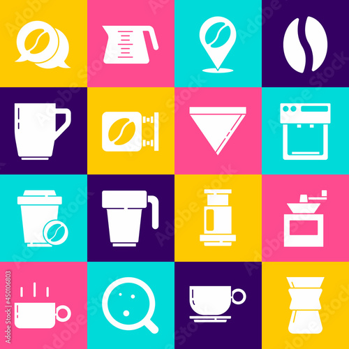 Set Pour over coffee maker, Manual grinder, Coffee machine, Location with bean, Street signboard, cup, and conversation and paper filter icon. Vector