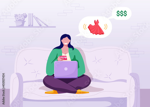 Woman shopping online on laptop sitting on a couch. Girl surfing internet and making order, purchase in internet store. Buying a dress in fashion boutique. Cartoon vector illustration.