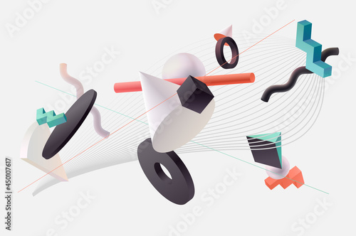 Colored 3D geometric shapes. Realistic vector design.