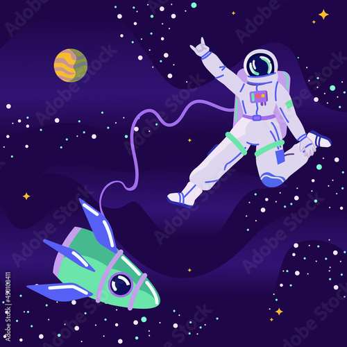 Astronaut in spacesuit floating in space and dancing. Rock spaceman flying with spaceship around planet. Exploring new. Cartoon vector illustration.