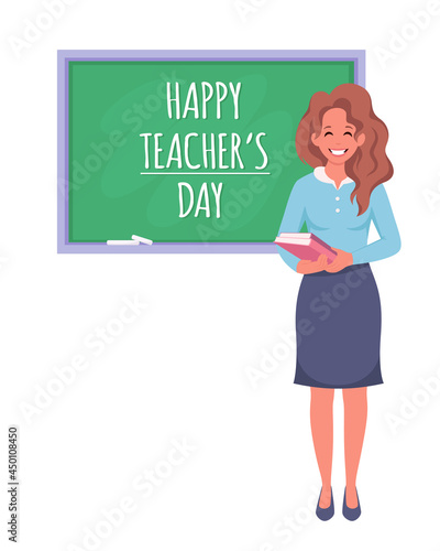 Happy teacher's day concept. Female teacher in classroom with chalkboard. Vector illustration