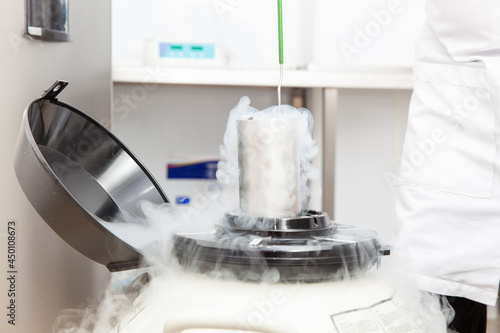 Liquid nitrogen cryogenic tank at life sciences laboratory: Steam of nitrogen created from liquid nitrogen exposed to ambient temperatures